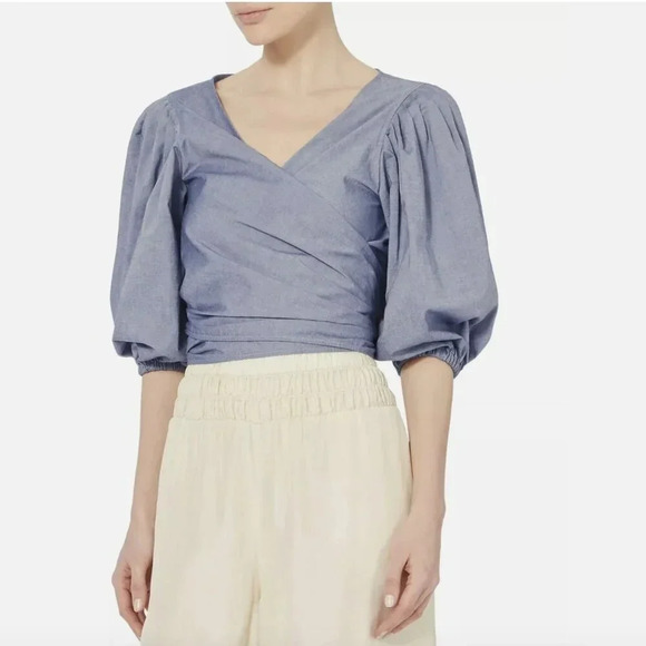 Elizabeth And James Farrah Wrap Top Blouse Long Sleeve Tie Bow Chambray S Small - Picture 1 of 12